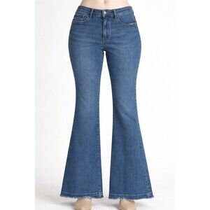 Judy Blue Flare Jeans 14W High Rise Stretch Raw Hem 31 Inseam Denim Boho 70’s